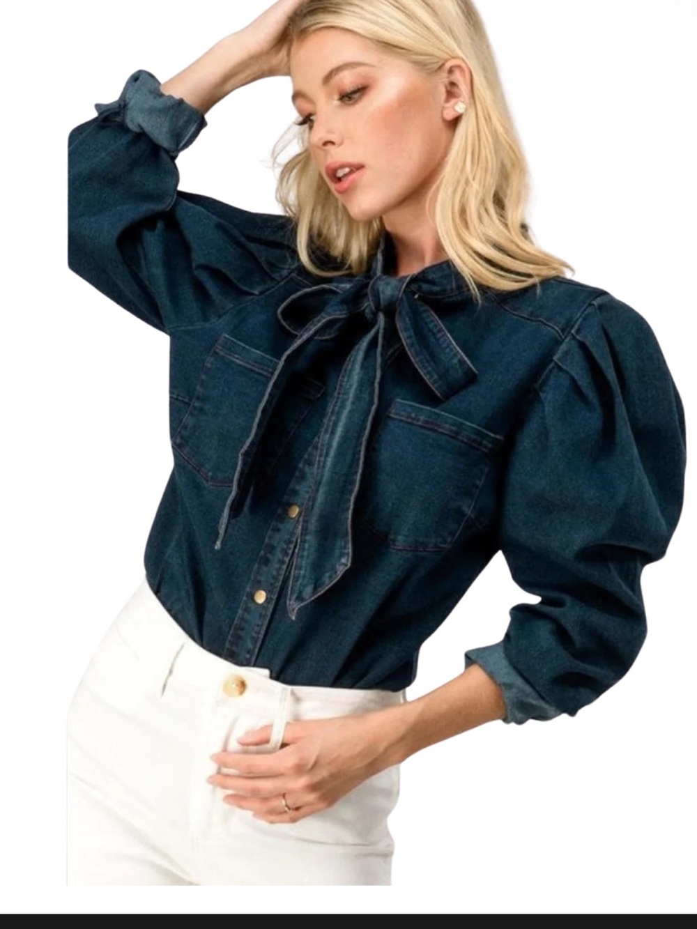 AARON & AMBER Denim Puff Sleeve bow button down size Large